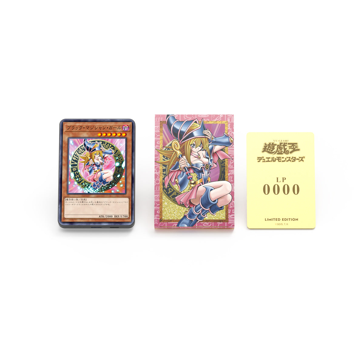 遊戲王黑魔導女孩紀念充電套裝,展示磁吸無線充電器、流沙壓克力立牌、限定LP值金卡