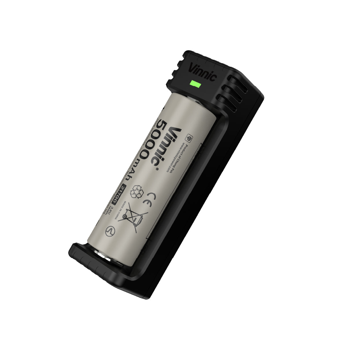 Vinnic 21700 battery with black charger on a white background