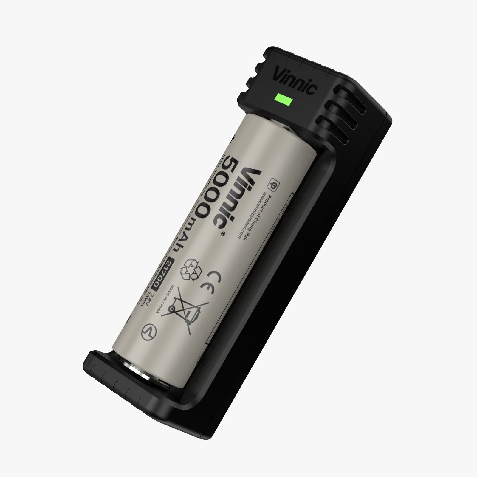 Vinnic 21700 Li‑ion battery charger with USB‑C 5V/1A input and 4.2V/1A output, compatible with SiC 21700 cells