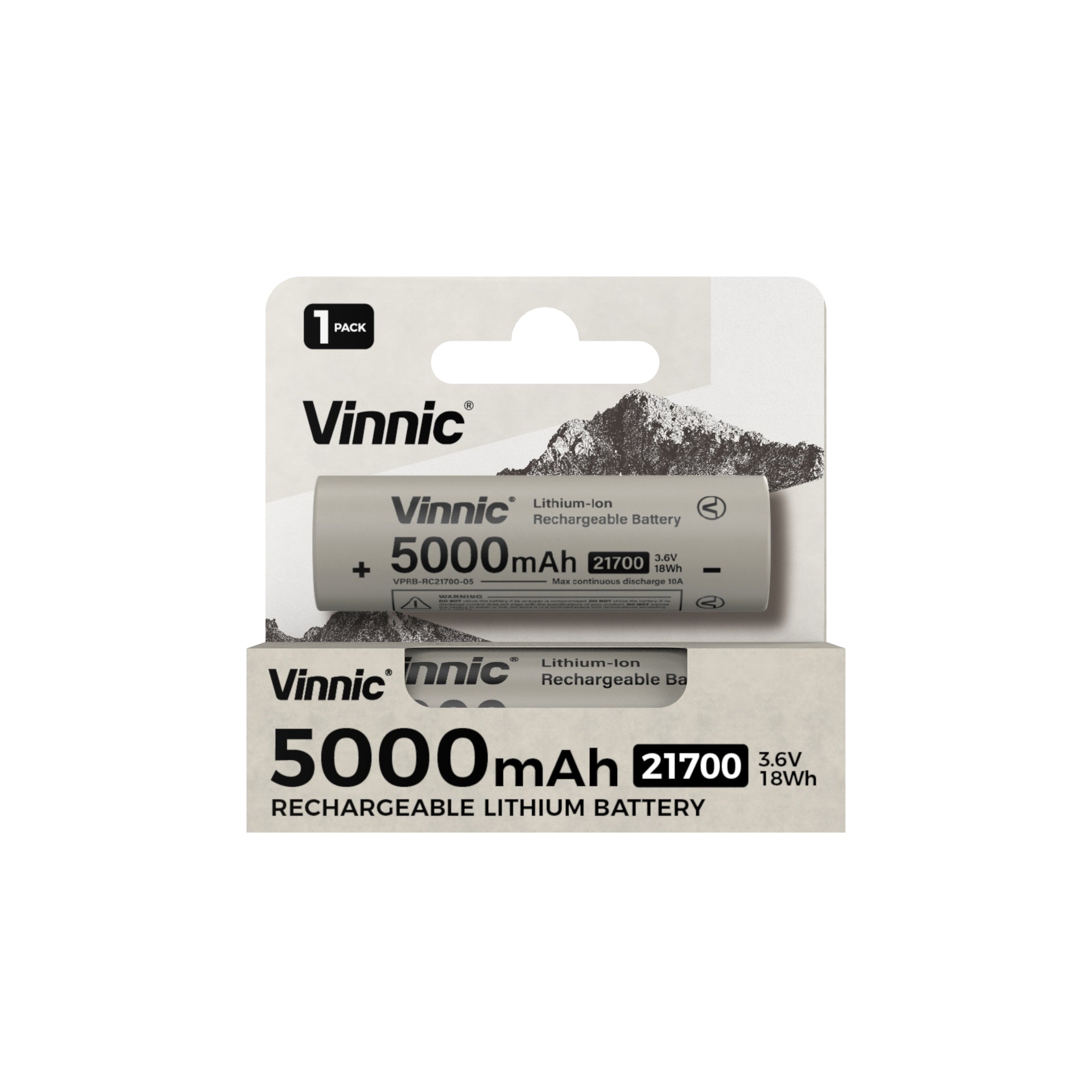 Vinnic 21700 rechargeable lithium-ion battery 5000mAh 3.6V 18Wh, showcasing Silicon Carbon Lithium Battery technology and higher energy density.