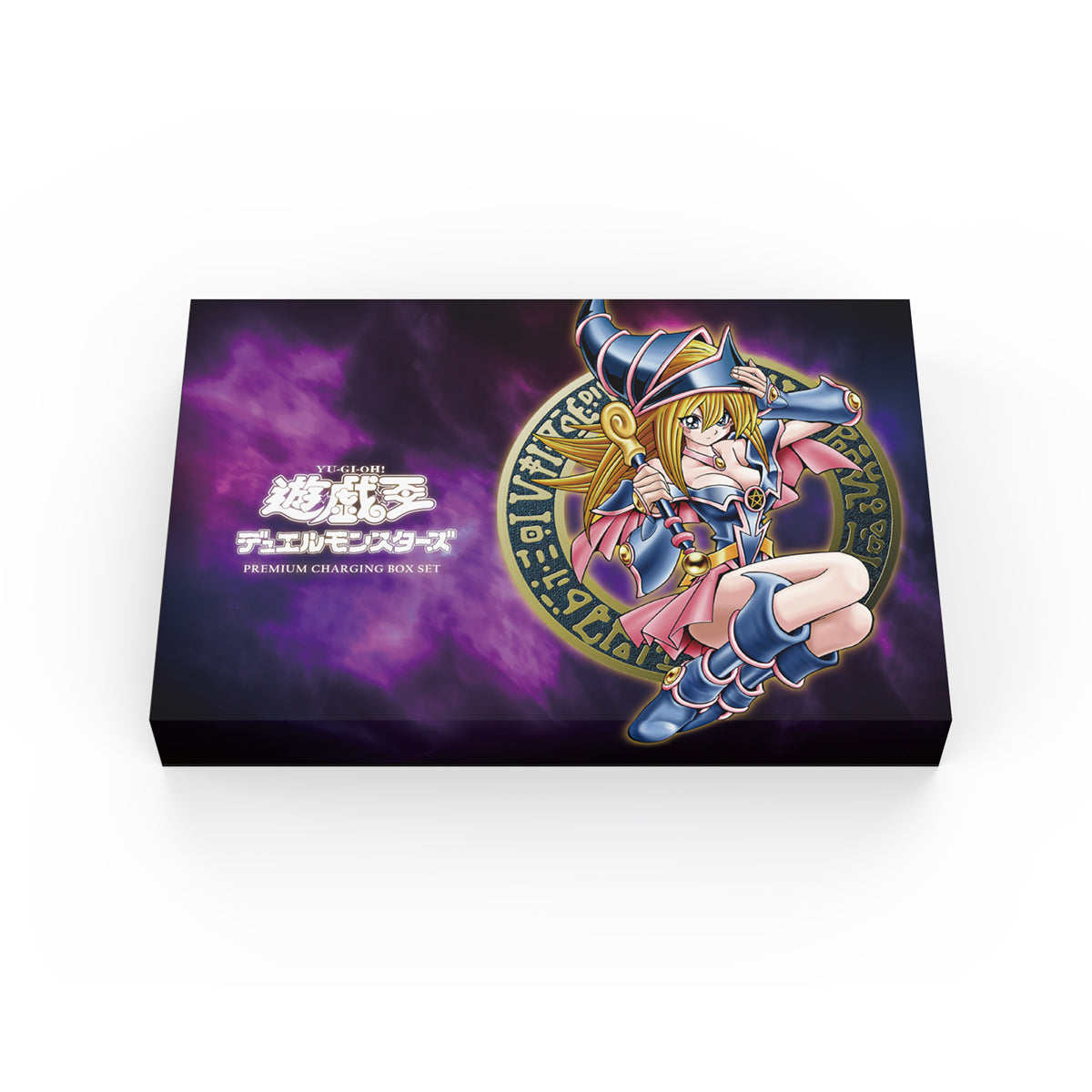 遊戲王黑魔導女孩紀念充電套裝，展示磁吸無線充電器、流沙壓克力立牌、限定LP值金卡