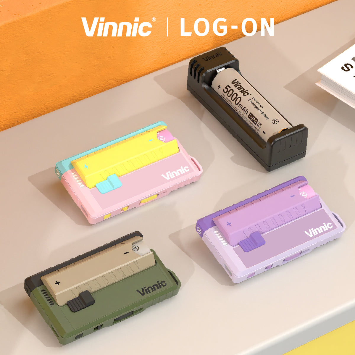 Vinnic Rendezvous 可換電直插快充套裝（22.5W）— LOG-ON 獨家新色登場｜充電器本體 ×1＋21700 5000mAh 電池 ×2＋電池充電座 ×1