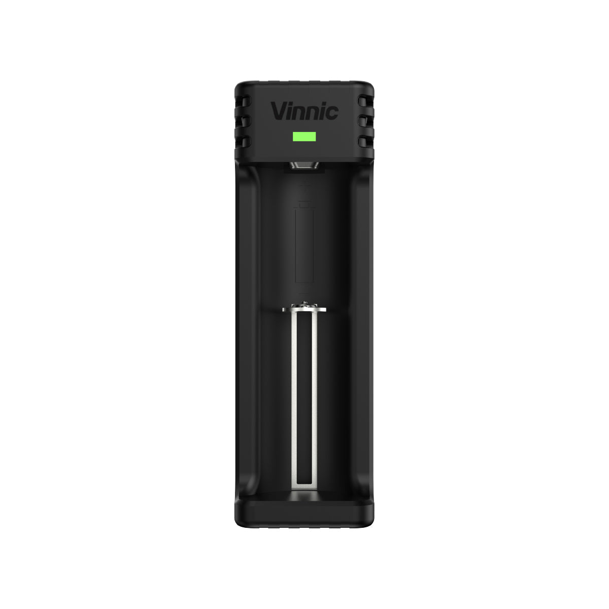 Black Vinnic 21700 battery charger on a white background