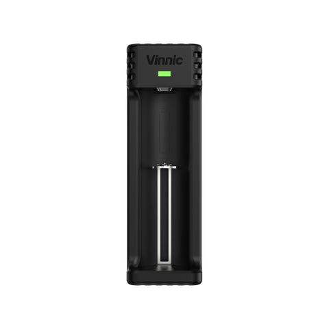 Black Vinnic 21700 battery charger on a white background