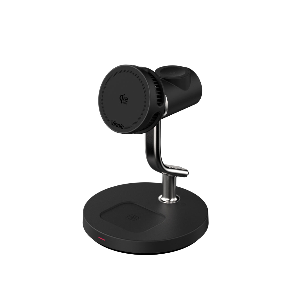 Vinnic COLLIE 黑色四合一 Qi2 25W 磁吸無線充電座正面斜角，展示手機充電面板及耳機充電底座