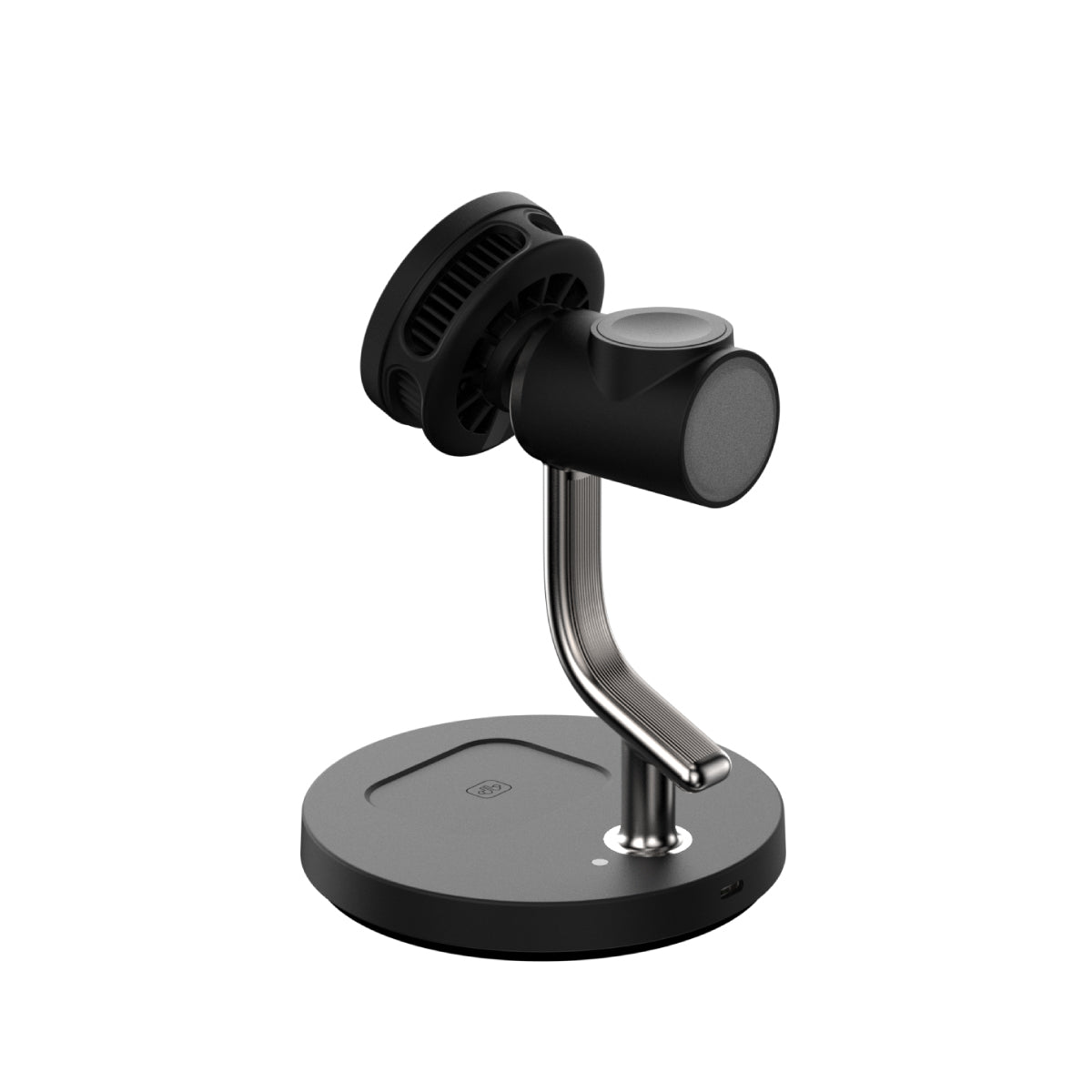 Vinnic COLLIE 無線充電座背面斜角，展示散熱風扇、手錶充電位置及底座 USB-C 連接埠