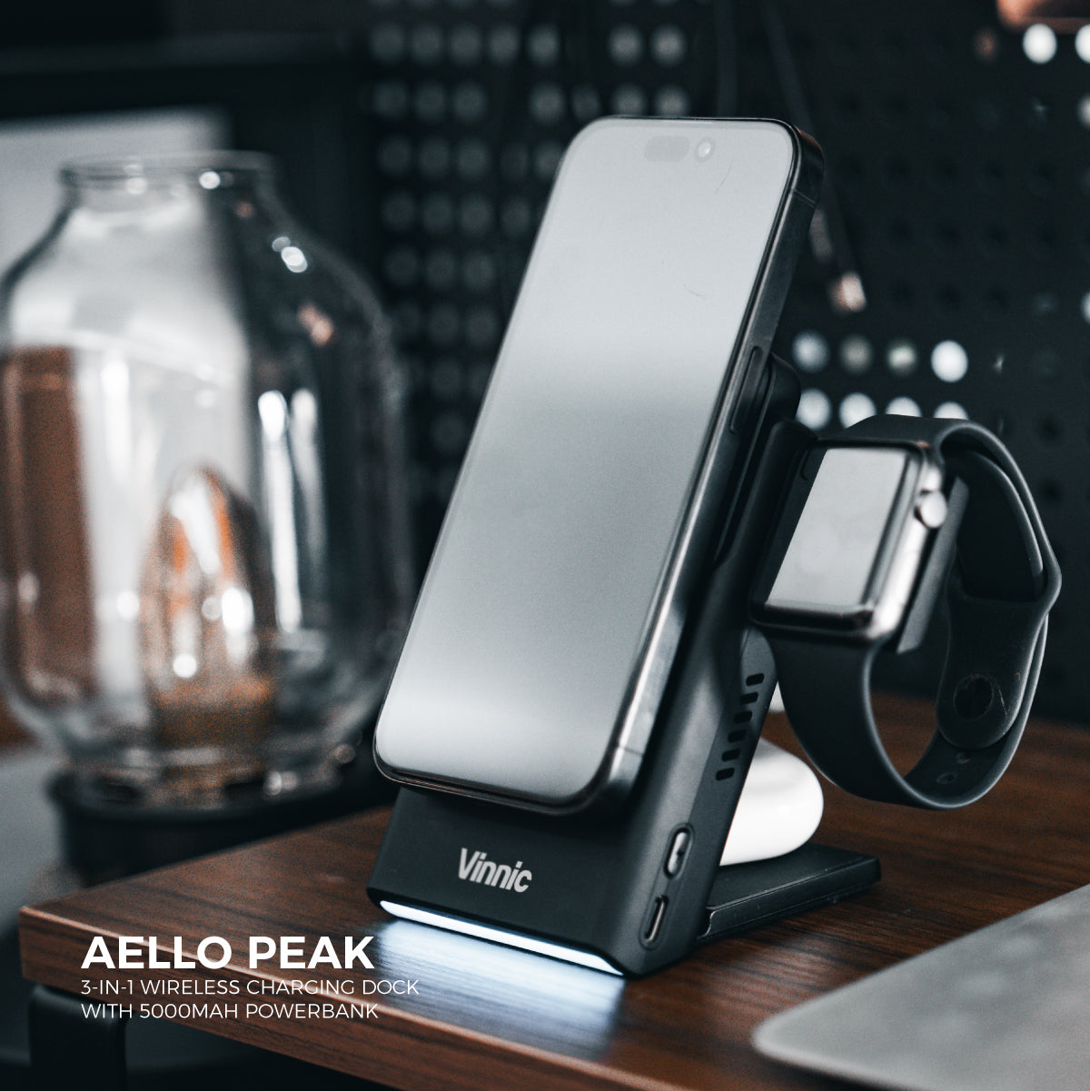 Vinnic AELLO PEAK 3-IN-1 Wireless Charging Dock with 5000mAh Powerbank