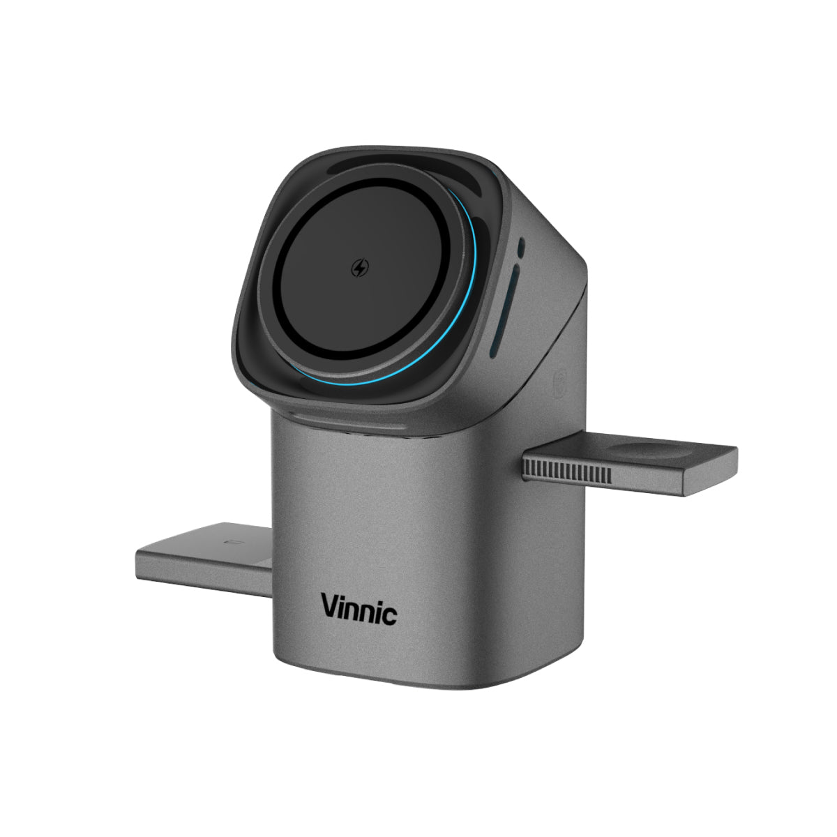 Vinnic OWL PEAK 2 三合一無線磁吸充電座銀色版，支援手機、耳機和手錶同時充電，具備觸控自動旋轉功能