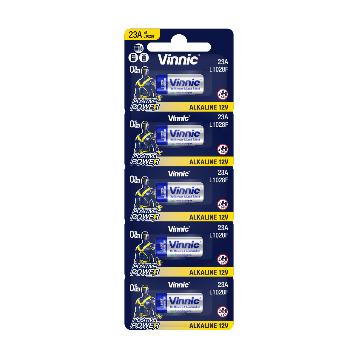 Vinnic High Voltage Alkaline Button Cell 23A / L1028F (12V) - 5Count