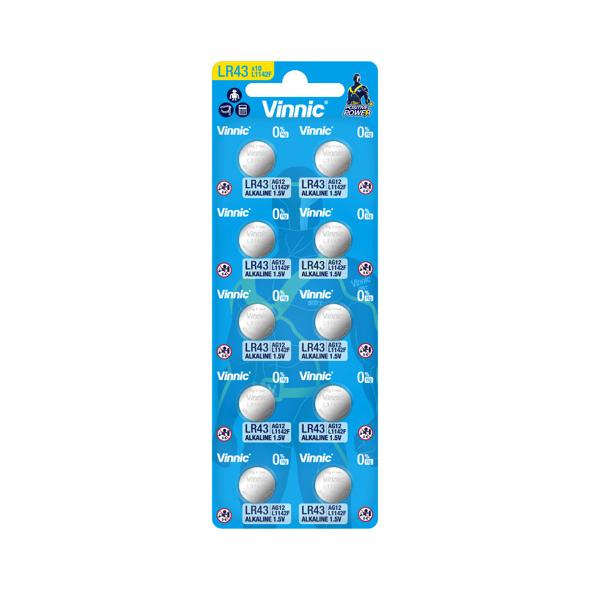 Vinnic Alkaline Button Cell LR43 / L1142F (1.5V) - 10Count