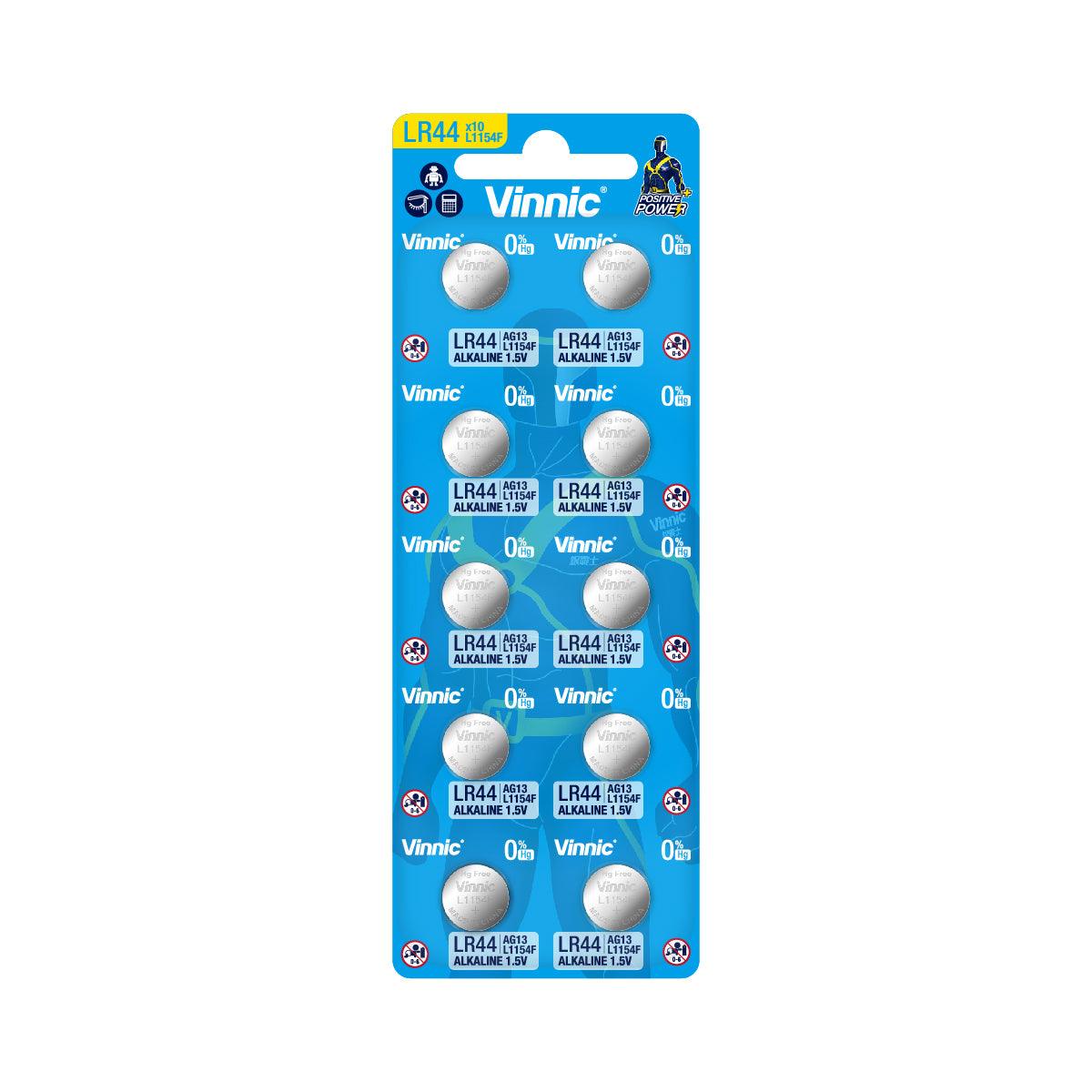 Vinnic Alkaline Button Cell Battery LR44 AG13 / L1154F (1.5V) - 10CounVinnic Alkaline Button Cell Battery LR44 AG13 / L1154F (1Vinnic Power