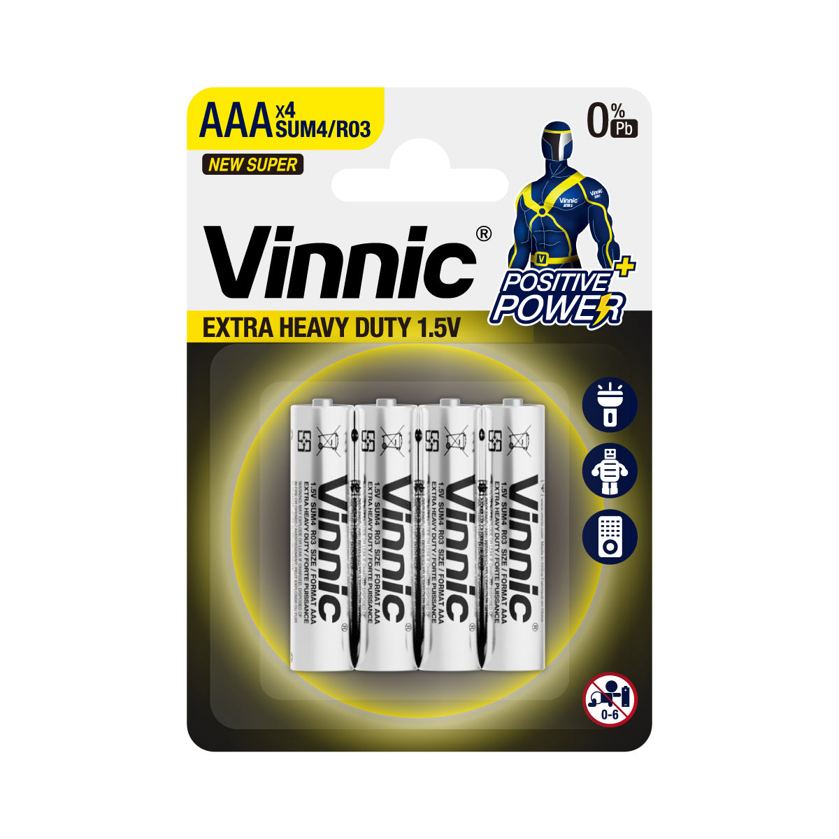 Vinnic Zinc Chloride Battery Super Heavy Duty AAA SUM4 / R03 (1.5V) - 4Count